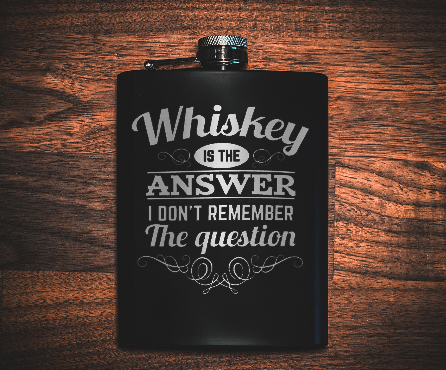 "Whiskey is the Answer" Engraved 8oz Black Stainless Steel Flask